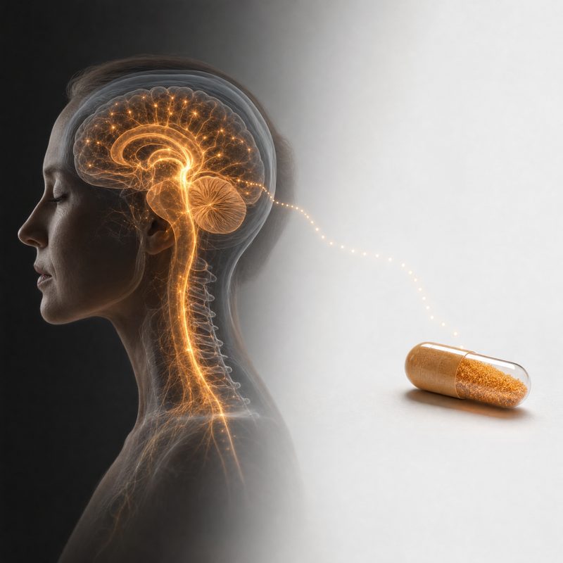 Brain neural pathways lighting up from supplement capsule