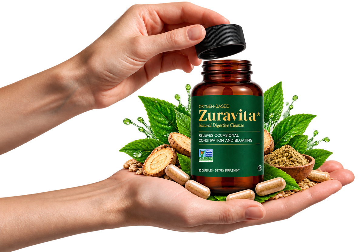 Two hands, one holding the Lymphoria bottle over a palm of dried botanicals, the other releasing a drop from the dropper