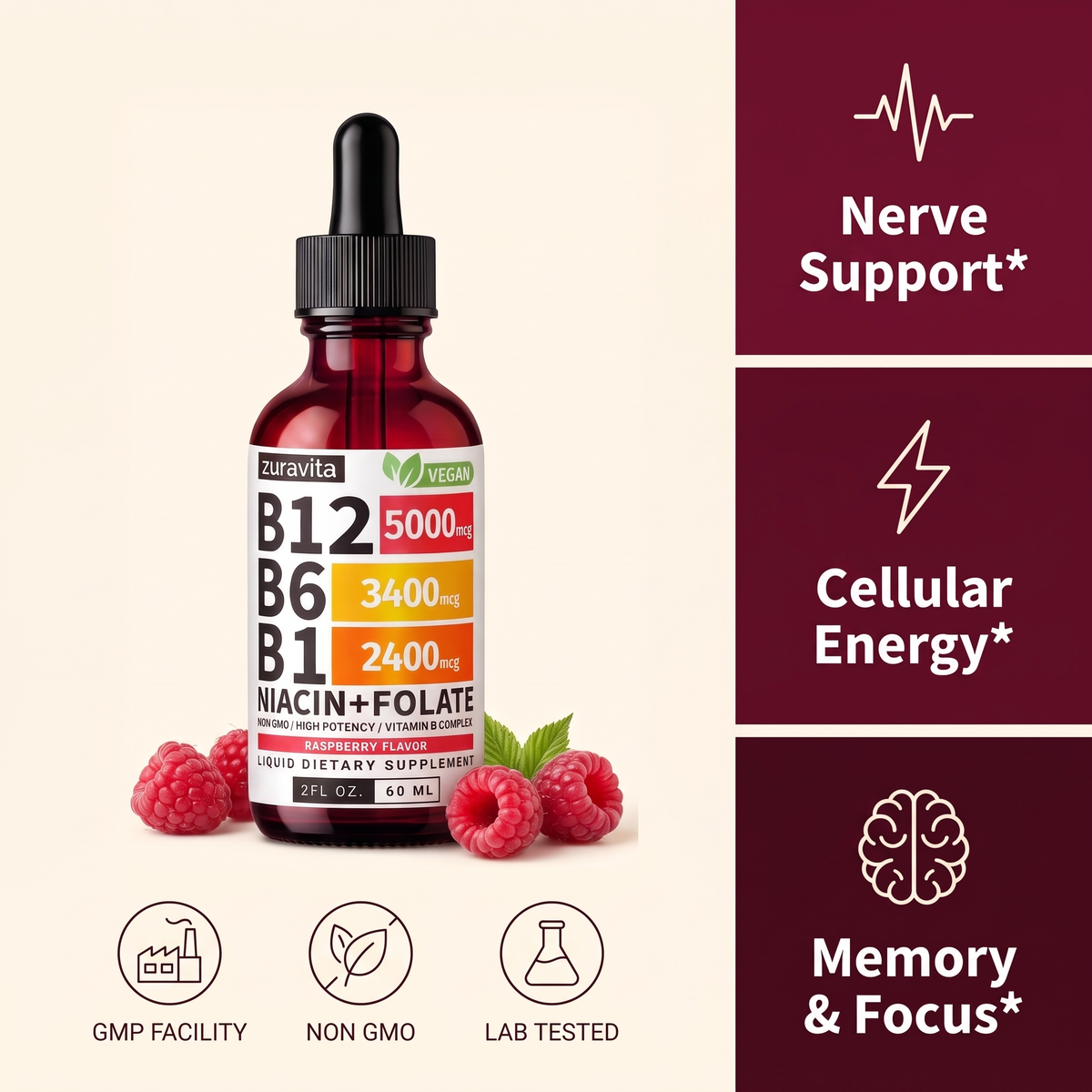 Zuravita Liquid B12 Nerve Complex, nerve support, cellular energy, memory and focus