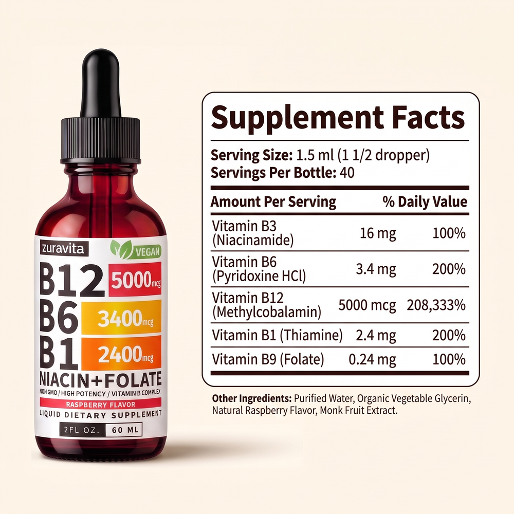 Supplement Facts panel for Liquid B12 Nerve Complex